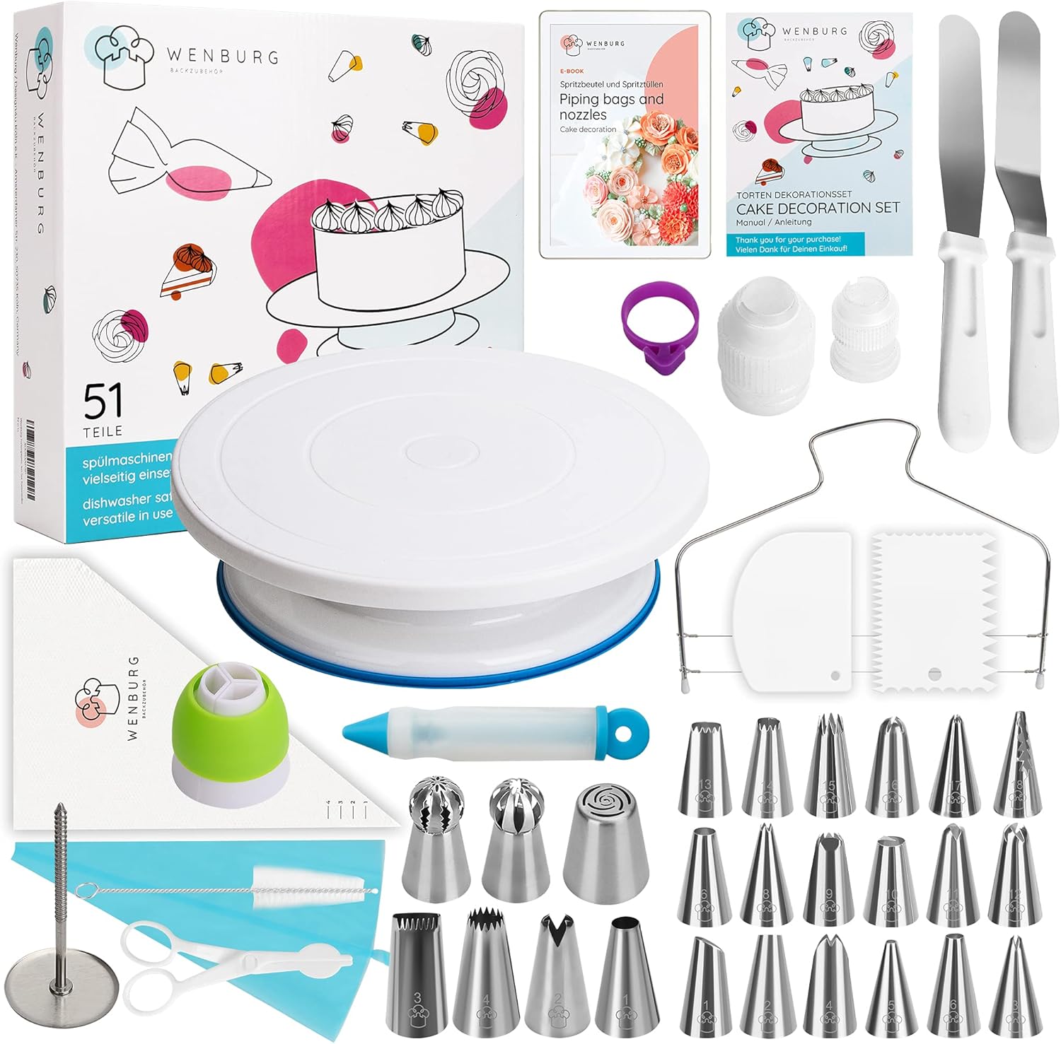 Wenburg Delight 51-Piece Cake Decoration Kit with Rotating Cake Turntable for Beginners and Professionals