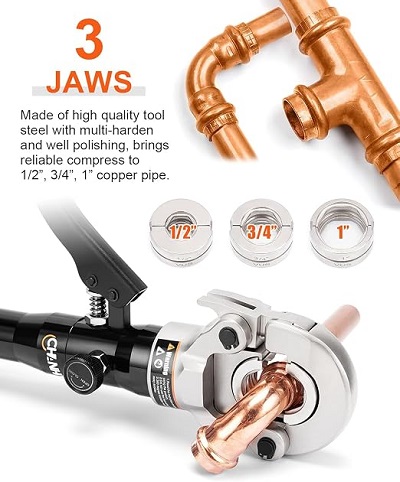 CHANHYD Manual Hydraulic Pipe Propress Crimping Tool Kit with Cutter (Size: 1/2", 3/4", 1" Jaws) - Image 2