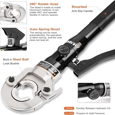 CHANHYD Manual Hydraulic Pipe Propress Crimping Tool Kit with Cutter (Size: 1/2", 3/4", 1" Jaws) - Image 3