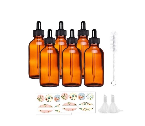4oz Amber Glass Dropper Bottles Set with Measured Eye Droppers and Mini Funnel for Essential Oils, Tinctures & Perfumes (6-Pack)