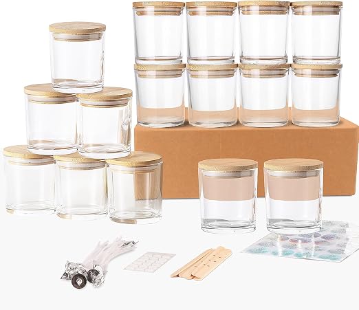 Showin Thick Glass Candle Jars with Bamboo Lids, Reusable Empty Vessels for Candle Making, Clear Bulk Containers (16 Pcs)