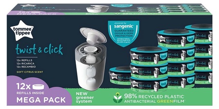 Tommee Tippee Twist and Click Advanced Nappy Bin Original Refill Cassettes Antibacterial Greenfilm - 12-Pack Mega Pack