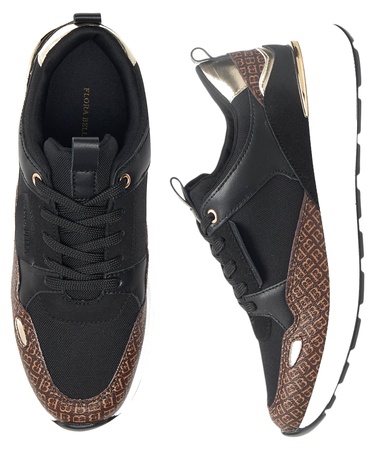 Flora Bella by Shoexpress Caroline Women Black Monogram Print Panelled Wedge Sneakers with Lace-Up Closure - Size 38 EU
