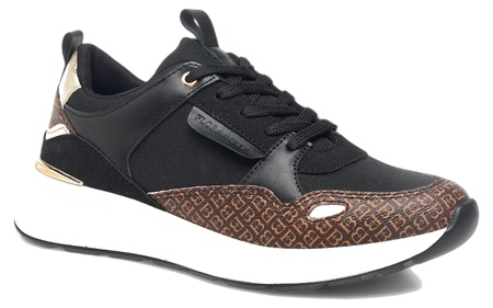 Flora Bella by Shoexpress Caroline Women Black Monogram Print Panelled Wedge Sneakers with Lace-Up Closure - Size 38 EU - Image 2