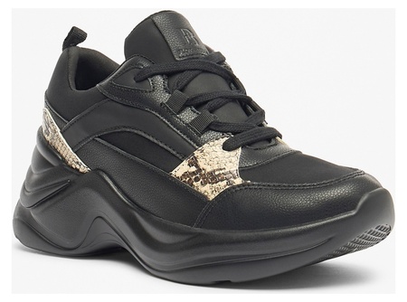 Flora Bella by Shoexpress Rosaline Women Black Animal Print Panelled Wedge Heel Sneakers with Lace-Up Closure - Size 37 EU