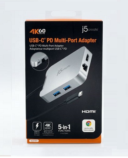 J5Create 4K60 Elite Usb-C 5-In-1 Pd Multi-Port Adapter, Usb-C Male Host Connector, Usb-C Power Delivery -New