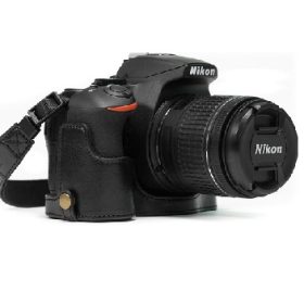 MegaGear Nikon D5600, D5500 Ever Ready Leather Camera Half Case and Strap, with Battery Access - Black - MG1170