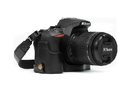 MegaGear Nikon D5600, D5500 Ever Ready Leather Camera Half Case and Strap, with Battery Access - Black - MG1170