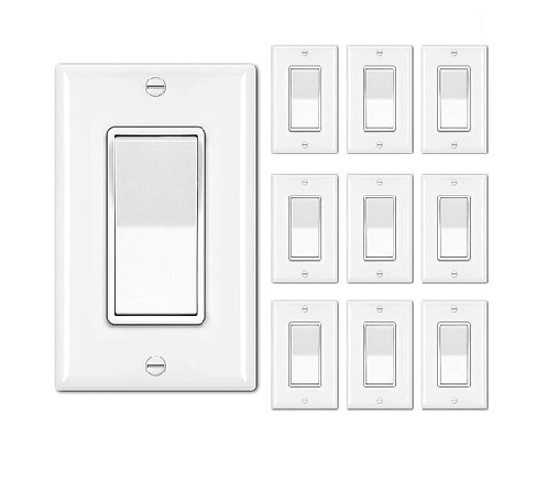 BESTTEN 50-Pack Single Pole Decorator Wall Light Switch with Wallplates - 15A 120V/277V Modern Rocker Paddle Interrupter Set (White)